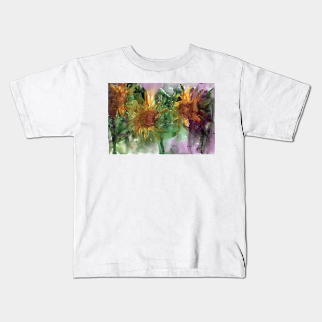 Abstract colorful background with watercolor wild flowers. Yellow-violet-green painting with sunflowers. For the  fabric, textile, wall decor, wallpapers, covers and packaging. Kids T-Shirt by Olesya Pugach